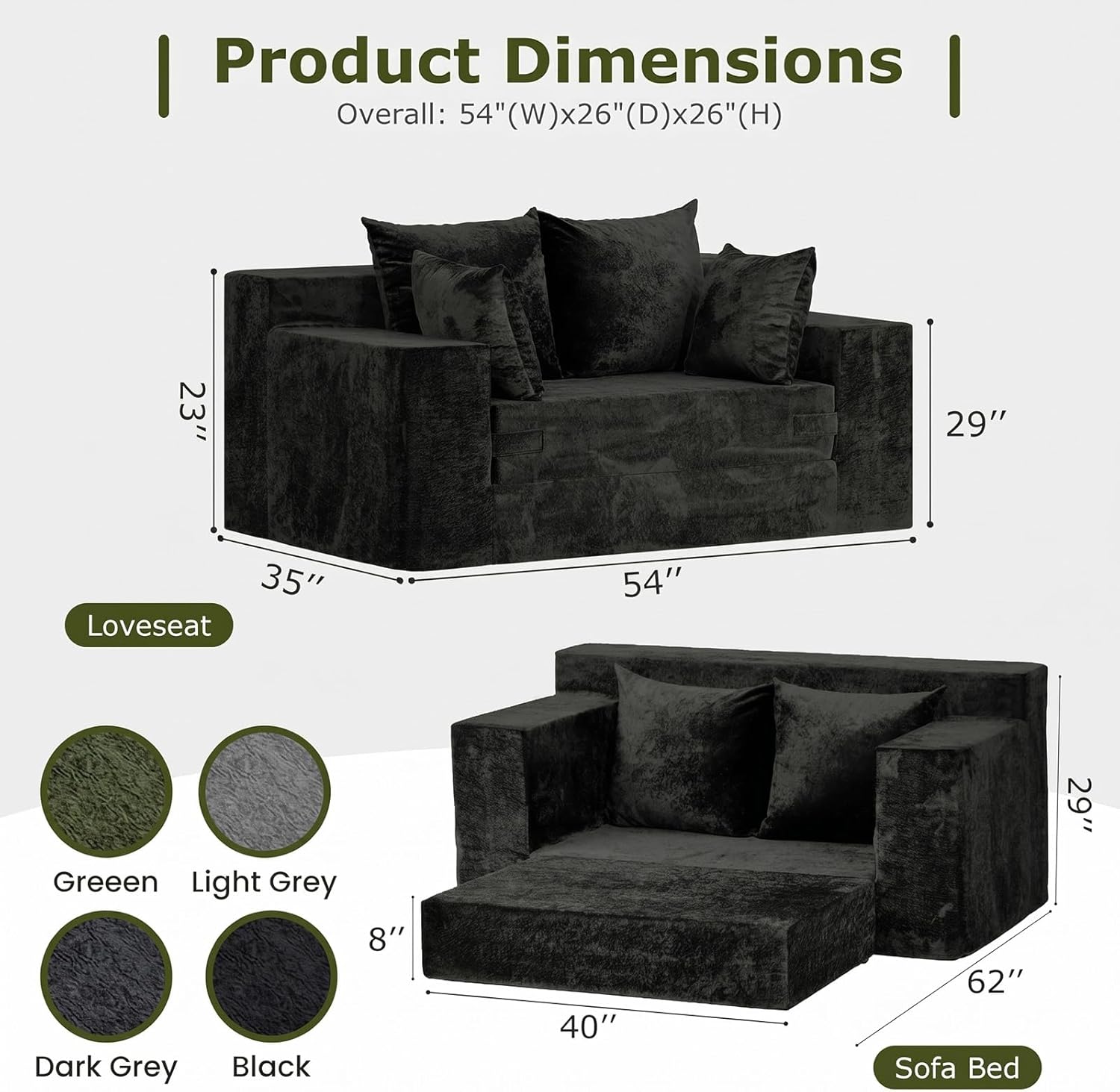 Boneless Couch Loveseat Sleeper, Convertible Sofa Bed Folding Couch Bed, Boneless Chair Bed & Futon Sofa Bed, Small Pull Out Couch Foldable with 4 Pillows for Living Room, Black