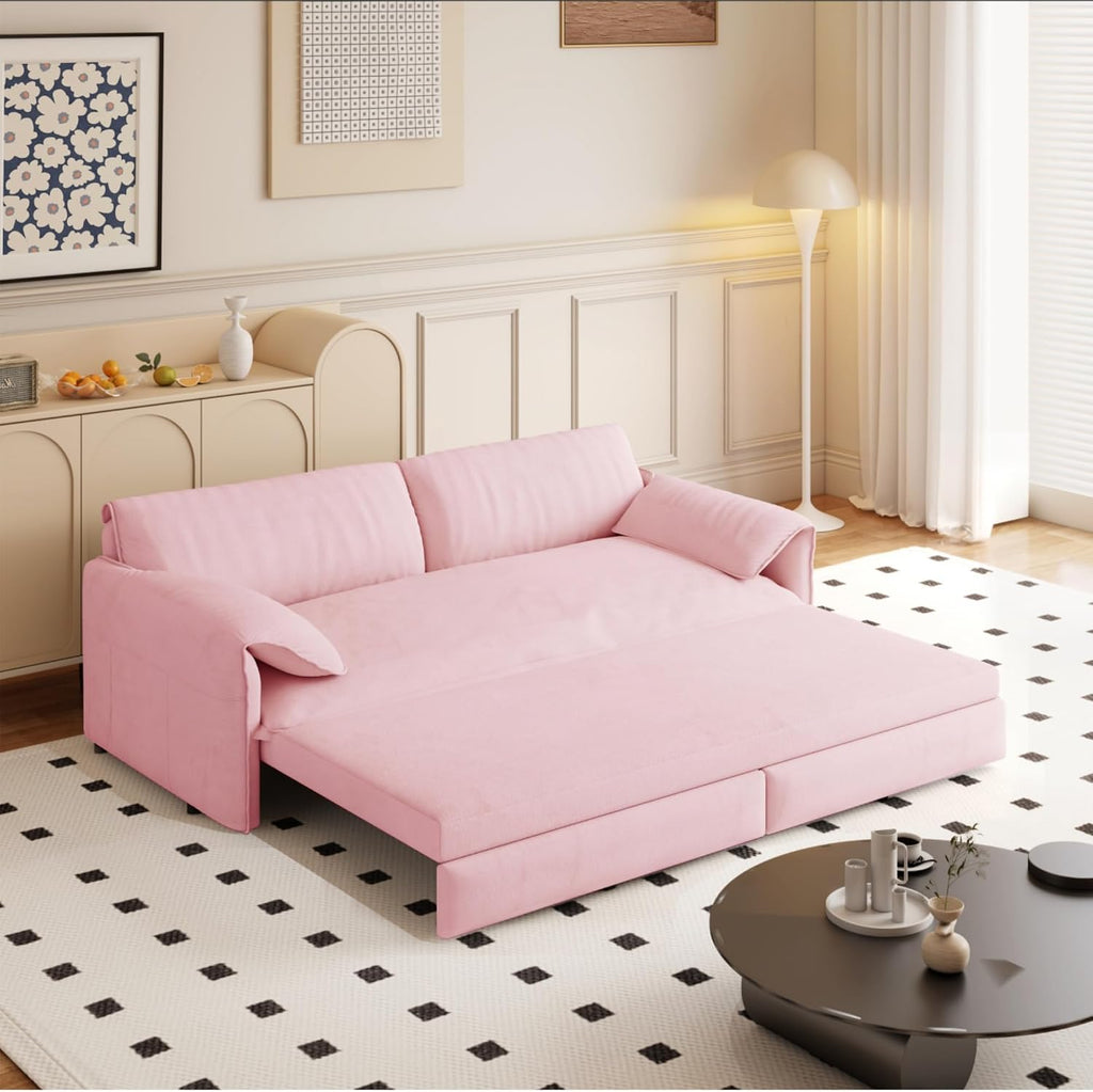 3 in 1 Convertible Queen Sleeper Sofa Bed Comfy Pull Out Futon Couch Bed 66' Modern Velvet Recliner Loveseat Sofa Multi-Functional Pink Cloud Couch for Living Room,Apartment,Office (Pink 66')