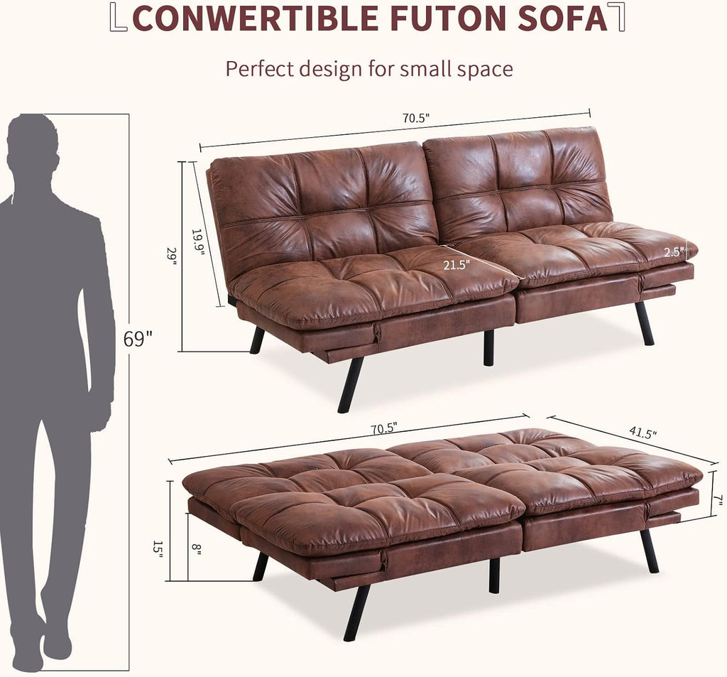 Opoiar Leather Futon Sofa Bed,Convertible Memory Foam Couch Bed,Futon Sets Daybed with Mattress Included,Folding Modern Sleeper Sofa Love seat for RV Car Living Room&Bedroom Small Space,Brown