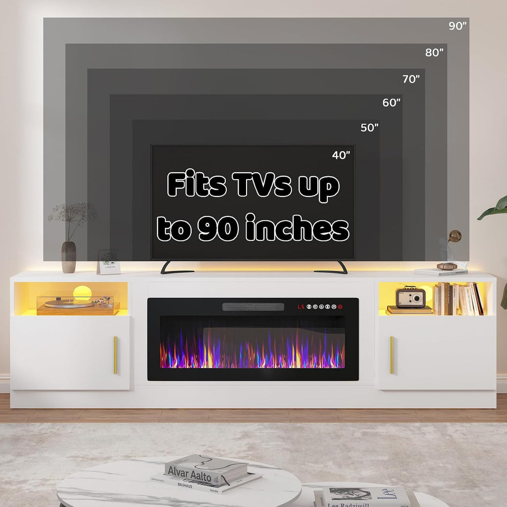 Lemberi Fireplace tv Stand with 36 inch Fireplace Up to 90' TVs, LED Light Entertainment Center and Storage, 80' Modern Wood Media TV Console with Highlight Cabinet for Living Room (White)