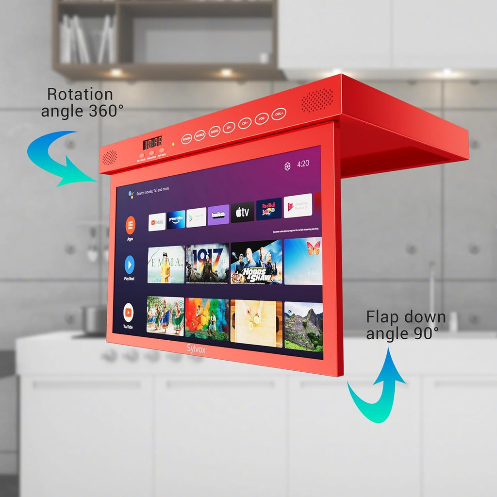 SYLVOX 15.6' Under Cabinet Smart TV – 360° Rotation, 90° Flip-Down Screen, Wireless Connectivity, Space-Saving Design for Kitchen, Bedroom, or RV. (Crimson)