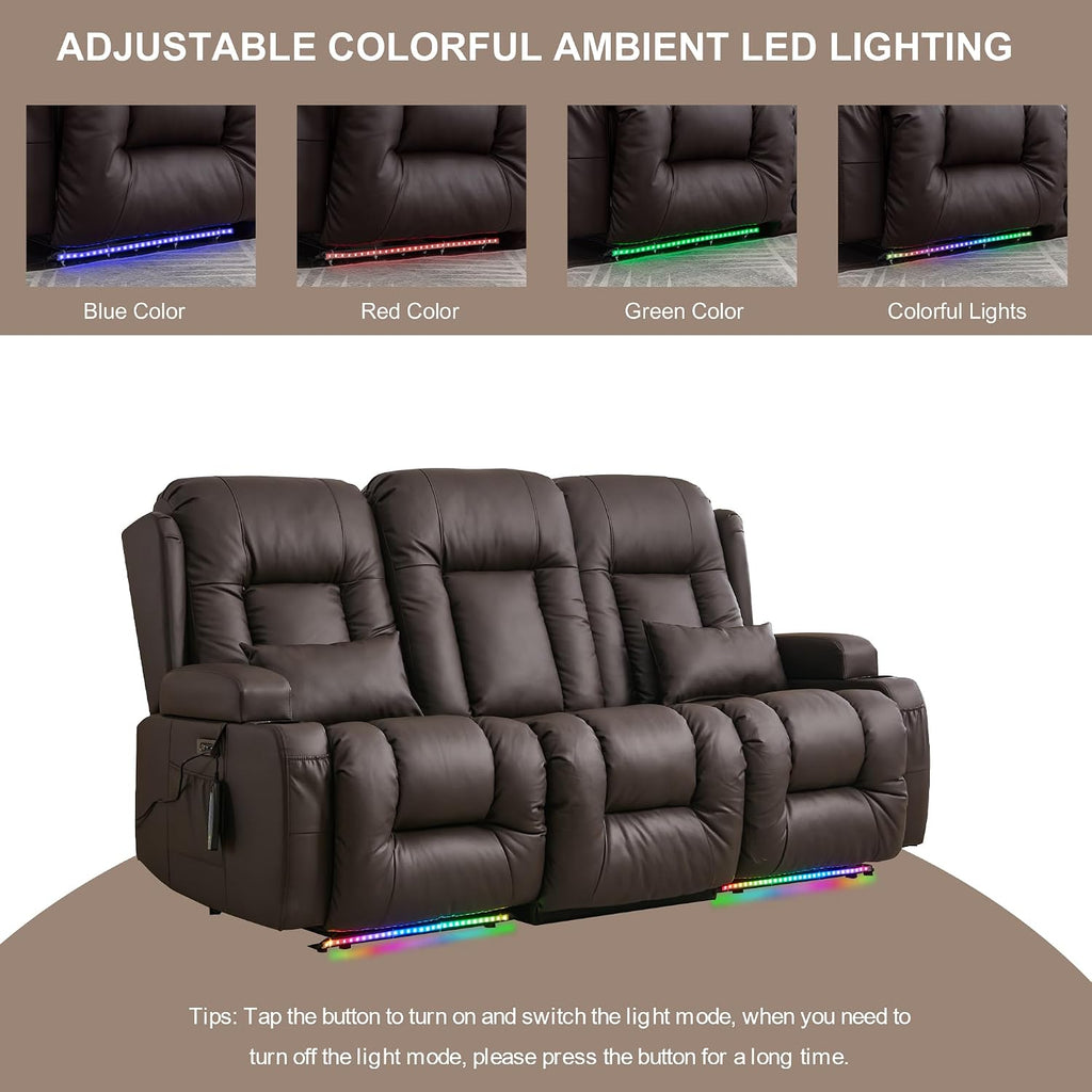 TUNYI Power Loveseat Recliner Sofa with Massage & Heat Home Theater Seating with Console RV Recliner Loveseat Sofa with USB/Storage/Side Pocket/LED Light/Speaker (Brown, 3 Seat)