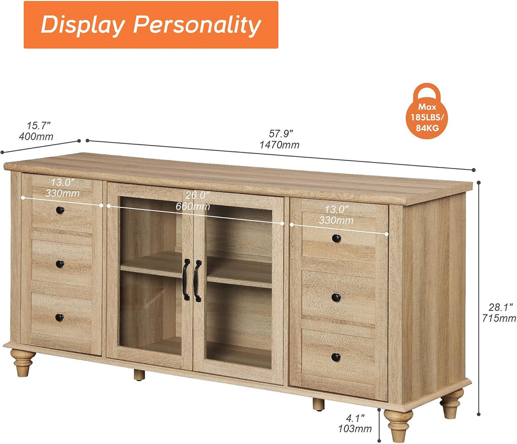 WAMPAT Farmhouse TV Stand for TVs Up to 65 inch, Wood TV Console Table with Storage Cabinets & Glass Door, Entertainment Center for 32-75 inch TV Console Cabinet, 58', Oak