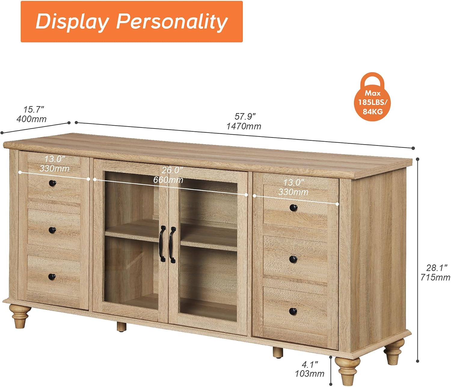 WAMPAT Farmhouse TV Stand for TVs Up to 65 inch, Wood TV Console Table with Storage Cabinets & Glass Door, Entertainment Center for 32-75 inch TV Console Cabinet, 58', Oak