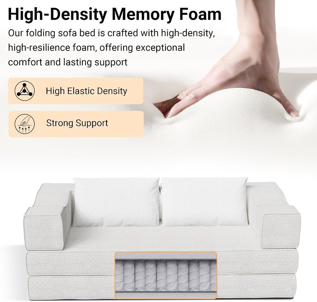 MAKIAAP 80' Foldable Chenille Futon Sofa Bed, 4-in-1 Convertible Couch with 2 Pillows, King-Size Floor Lounger for Living Room, Guest Room, Dorm - No Assembly (Beige, 80in)