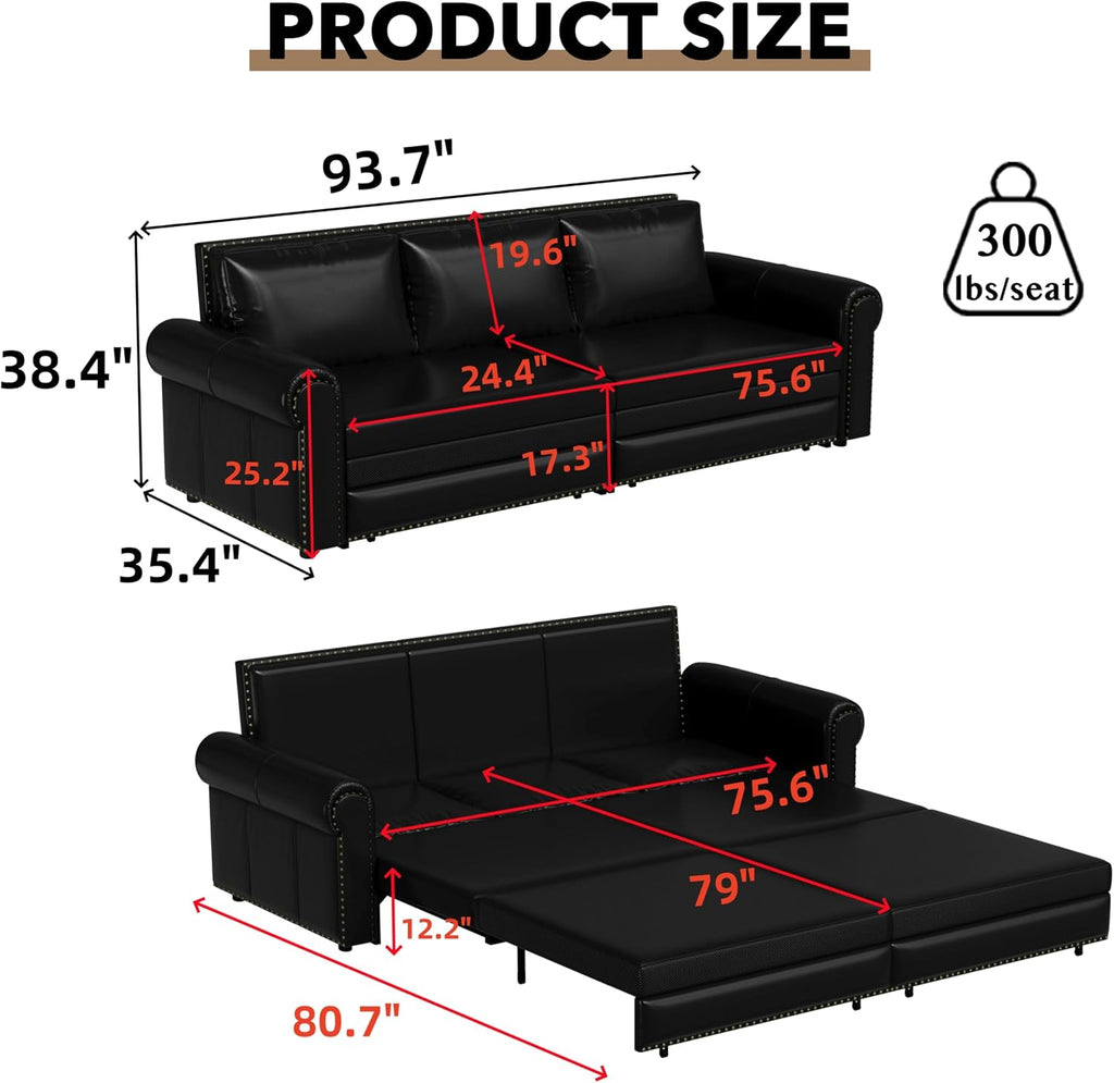 93.7' King Pull Out Sofa Bed, Faux Leather Sleeper Sofa Couch, 3 in 1 Convertible Futon Couches for Living Room, Small Space, Apartment, Office, Bedroom, Modern Rivet Armrest, Black