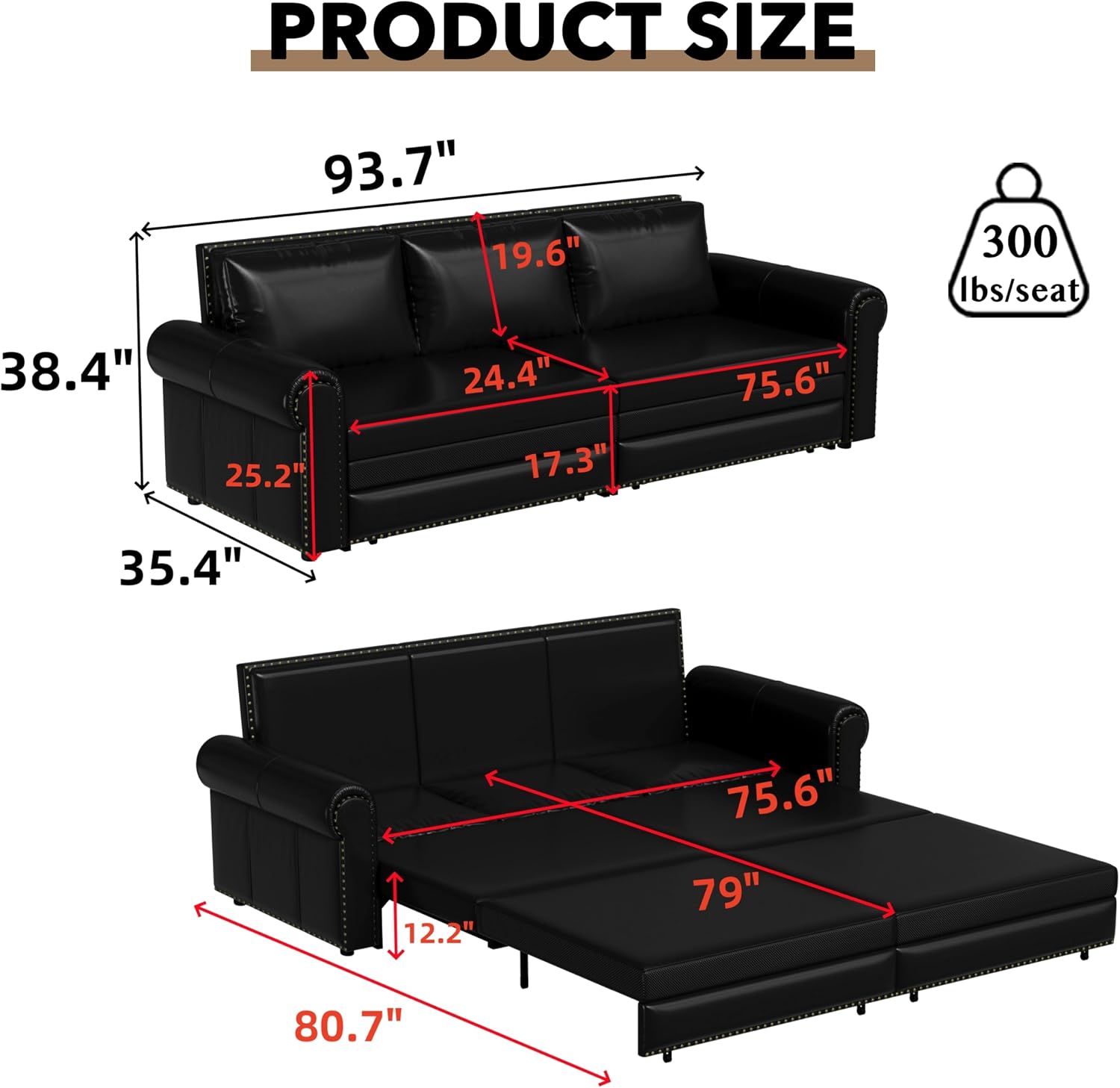 93.7' King Pull Out Sofa Bed, Faux Leather Sleeper Sofa Couch, 3 in 1 Convertible Futon Couches for Living Room, Small Space, Apartment, Office, Bedroom, Modern Rivet Armrest, Black