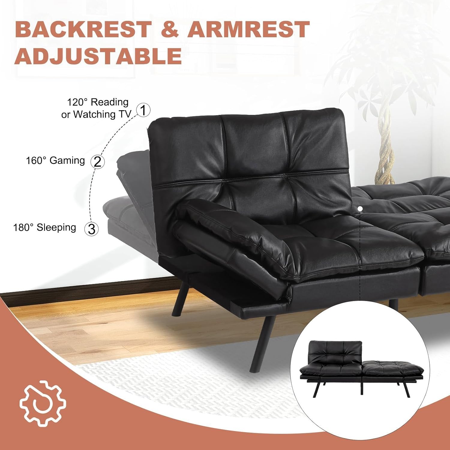 MUUEGM Futon Sofa Bed Couch Convertible Futon Memory Foam Futon Couch Bed Modern Sofa Couch Love Seat Sleeper Sofa for Small Space,Living Room,Office,Adjustable Backrests&Armrests Sofabed,Black