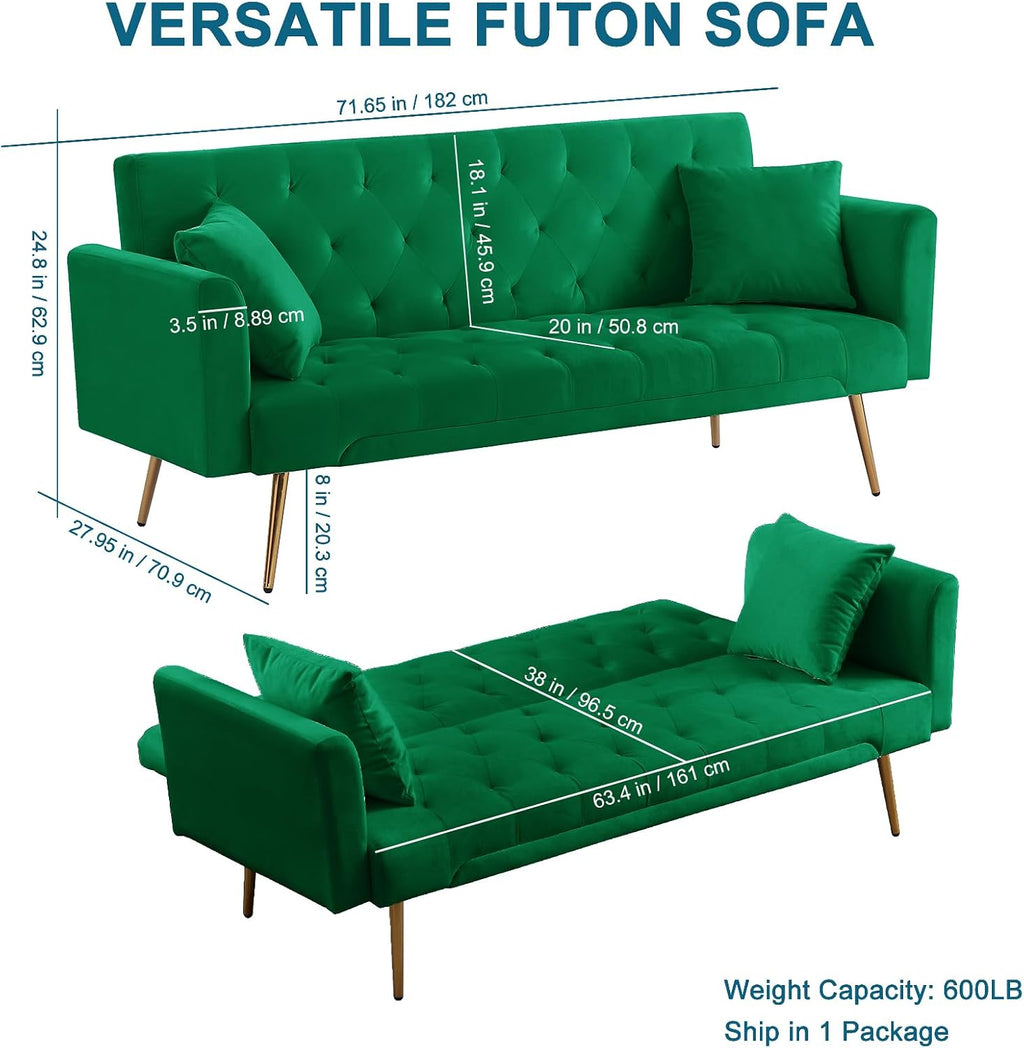 71.65'' Convertible Sofa Bed Modern Futon Set, Velvet Foldable Reclining Loveseat, Three Adjustment Angles,Mid Century Modern Couches for Living Room/Bedroom/Apartment, Easy Assembly,Green