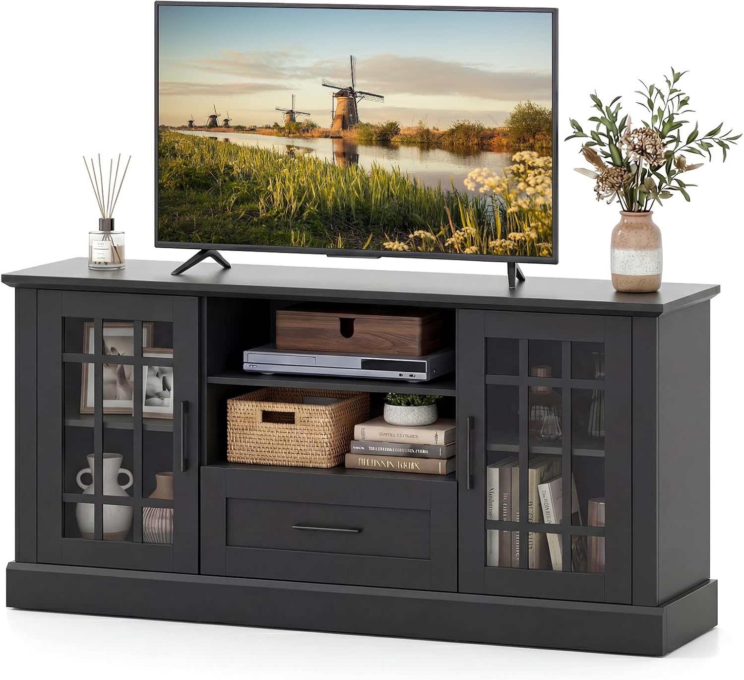 Giantex Farmhouse TV Stand for 65/70 Inch TV, Tall Entertainment Center with Storage Cabinets, Glass Doors, Drawer, Removable Shelves, Media TV Console Table for Living Room, Bedroom (Black)