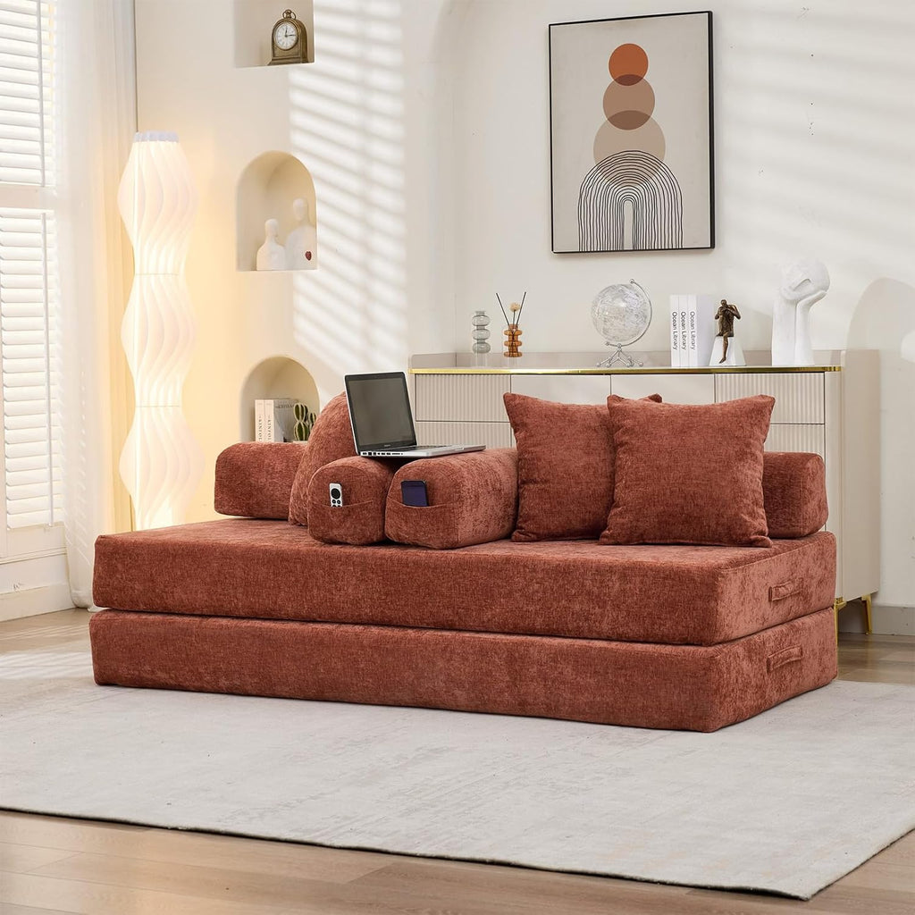 Futon Sofa Bed, Modular Convertible Folding 3 Seater Chenille Foam Floor Loveseat Sleeper Sofa Couch with 3 Pillows, No Assembly Compressed Boneless Couch, for Living Room Bedroom Guest Room, Orange