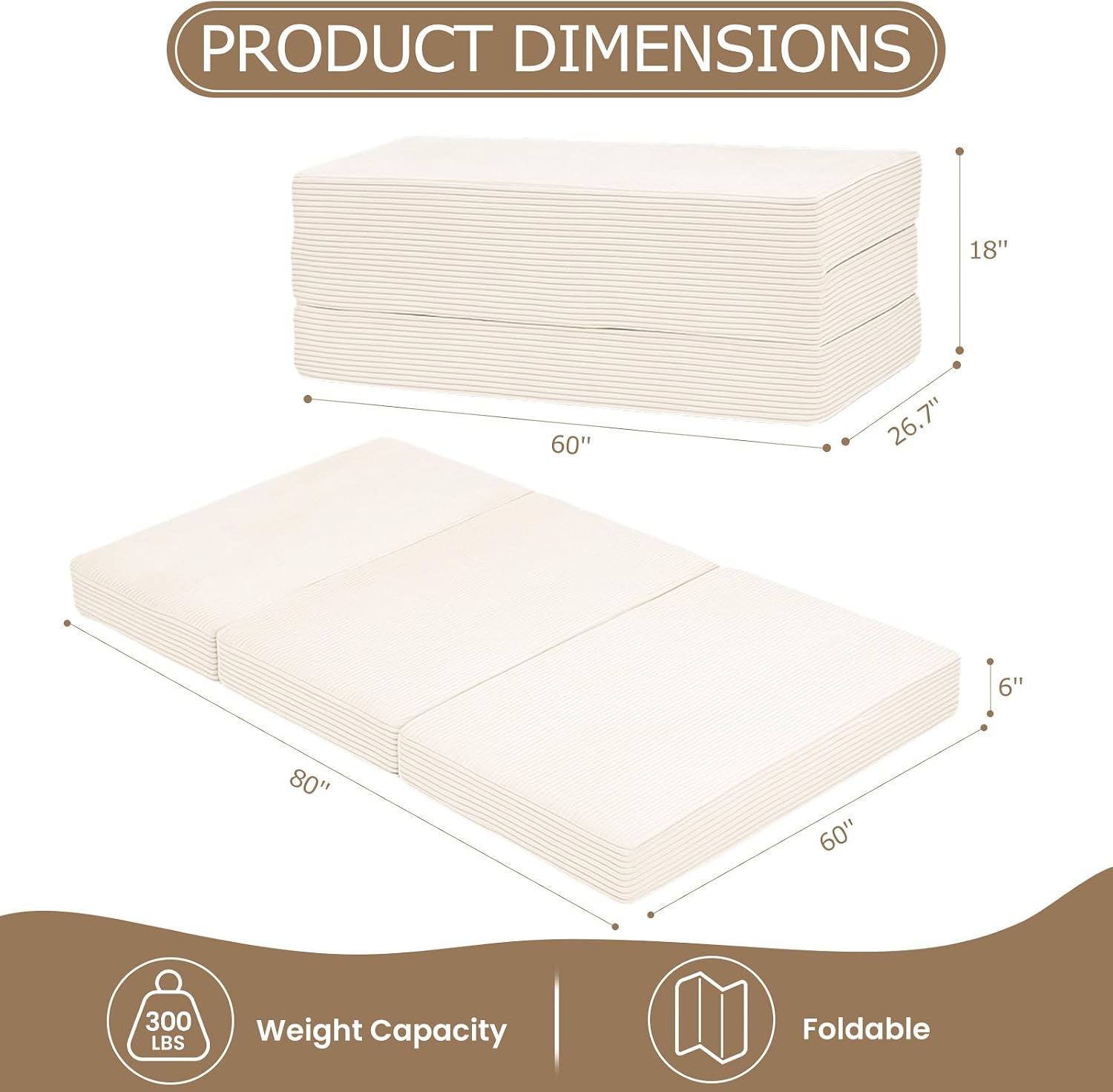 6-Inch Tri-Folding Mattress Queen Size - Foldable Futon Sofa Bed with Removable Washable Cover, Folding Futon Mattress | Non-Slip Bottom & Carry Handles for Guest, Camping, Dorm