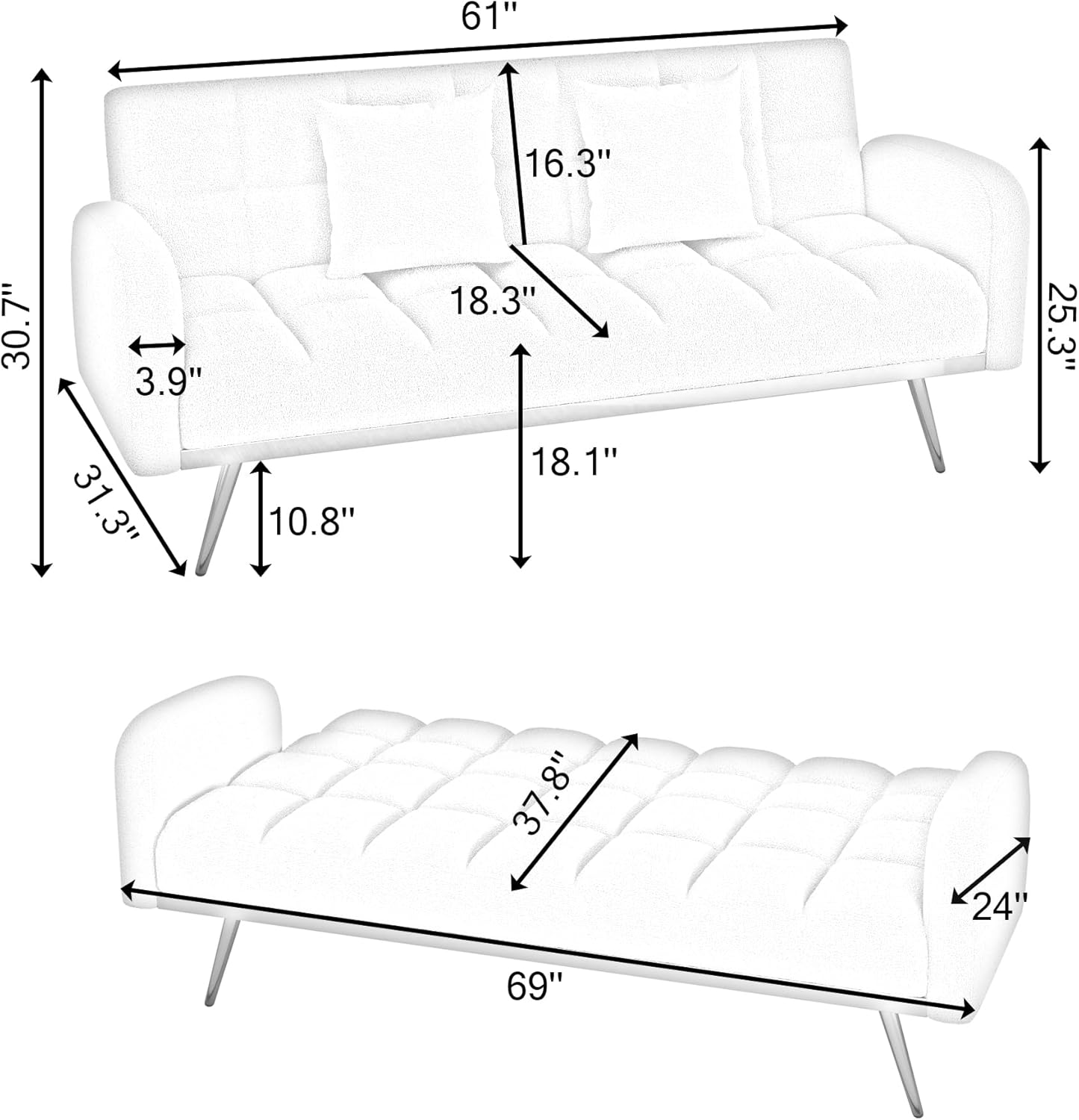 KEIKI 69' Folding Futon Sofa Couch w/Adjustable Backrest, Mid Century Modern Loveseat Convertible to Sleeper Bed, Small Comfy Teddy Cloud Couch SofaBed for Living Room & Bedroom, 2 Pillows, Green
