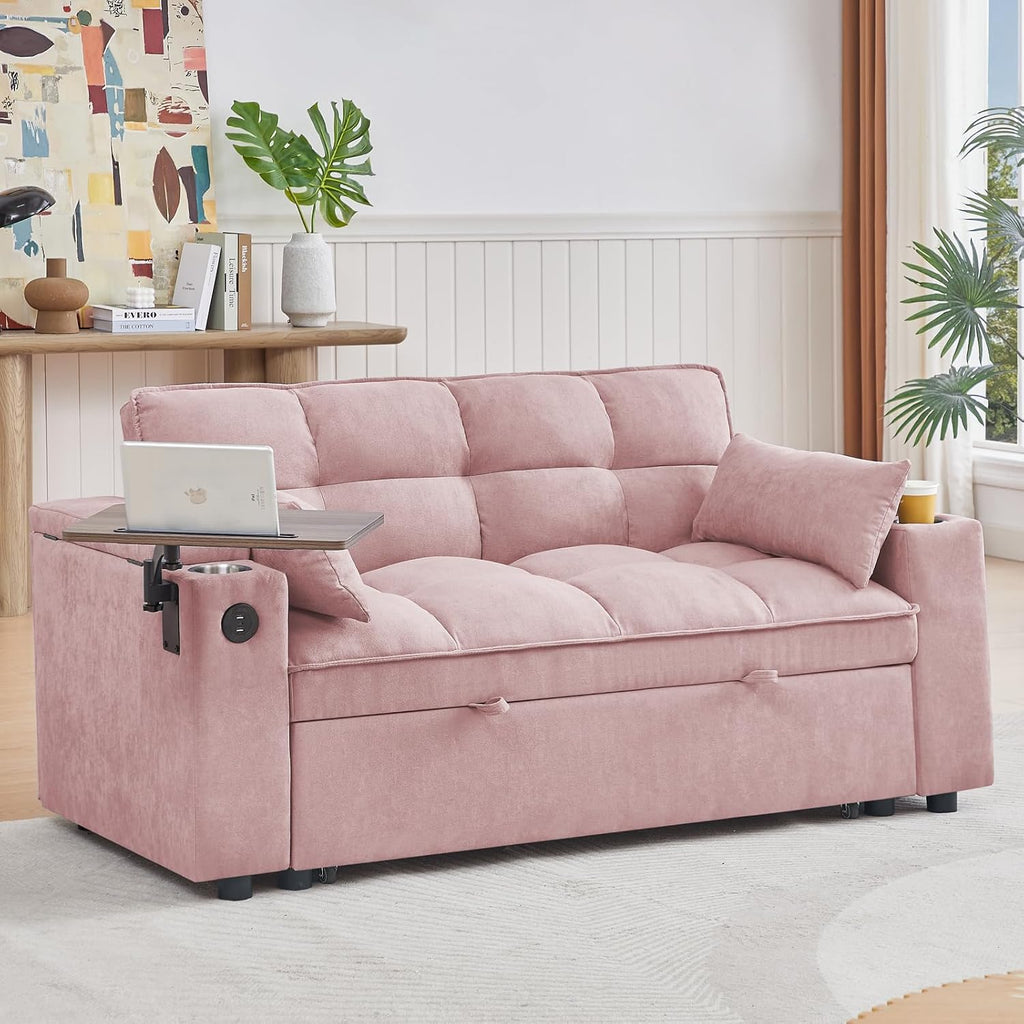 hansones 66' Multi-Functional Pull-Out Sofa Bed with Hidden Side Table, Storage Armrests, Built-in Charging Port, Spring Mattress, Solid Wood Frame – Ideal for Small Spaces, Easy Assembly