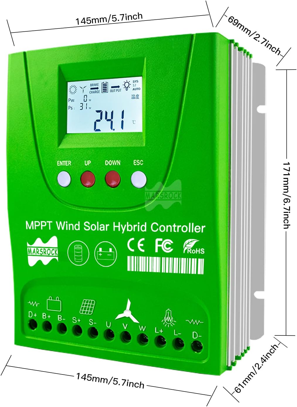 Marsrock 2000W 12V/24V Off Grid MPPT Wind Solar Hybrid Charge Controller,1000W Wind Turbine & 1000W Solar Panels Charge Controller with Dump Load,Suitable for Lithium Lead-Acid Gel Battery