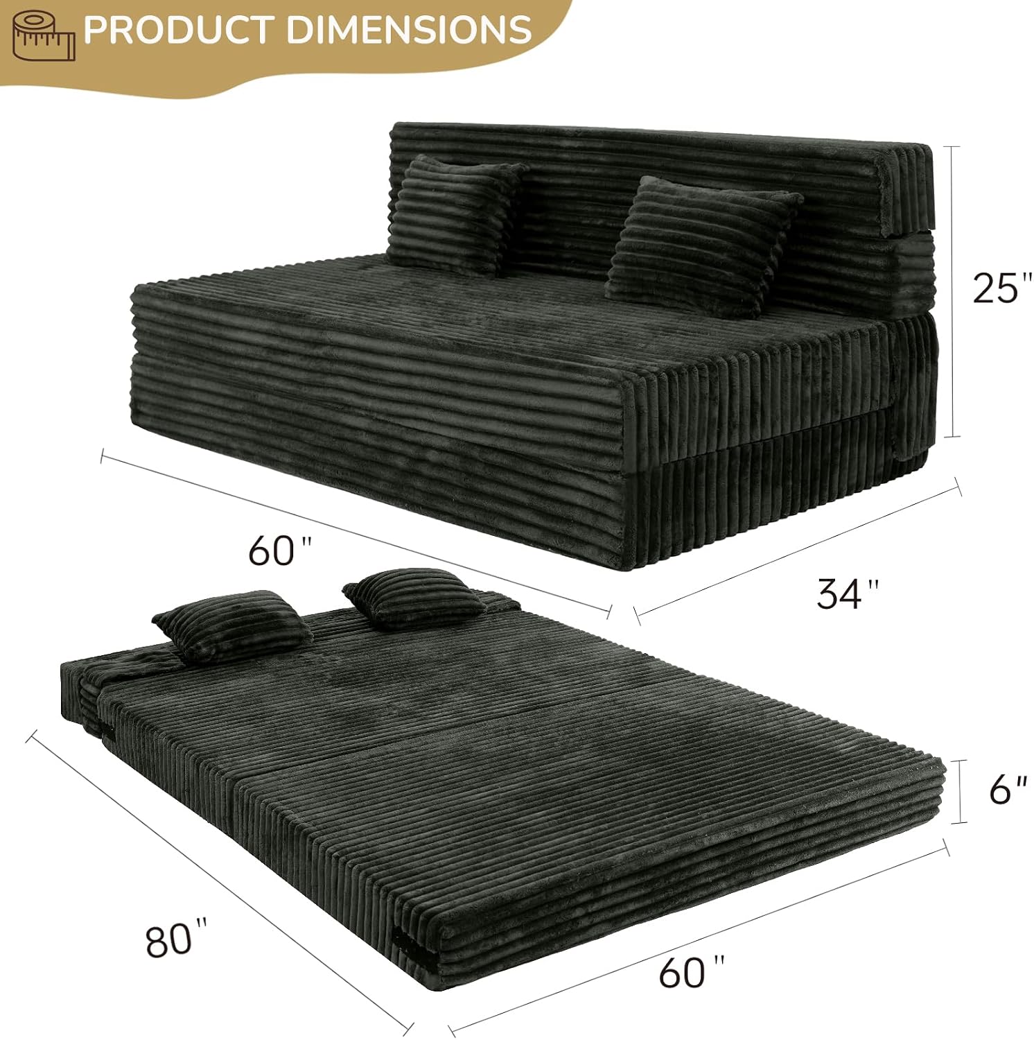Fvkind Folding Sofa Bed Queen Size, Convertible Sleeper Chair Loveseat with Pillow, Futon Chair Sofa Bed, Fold Out Floor Couch, Foldable Mattress for Living Bedroom Guest Room Dorm, Charcoal Moss Grey