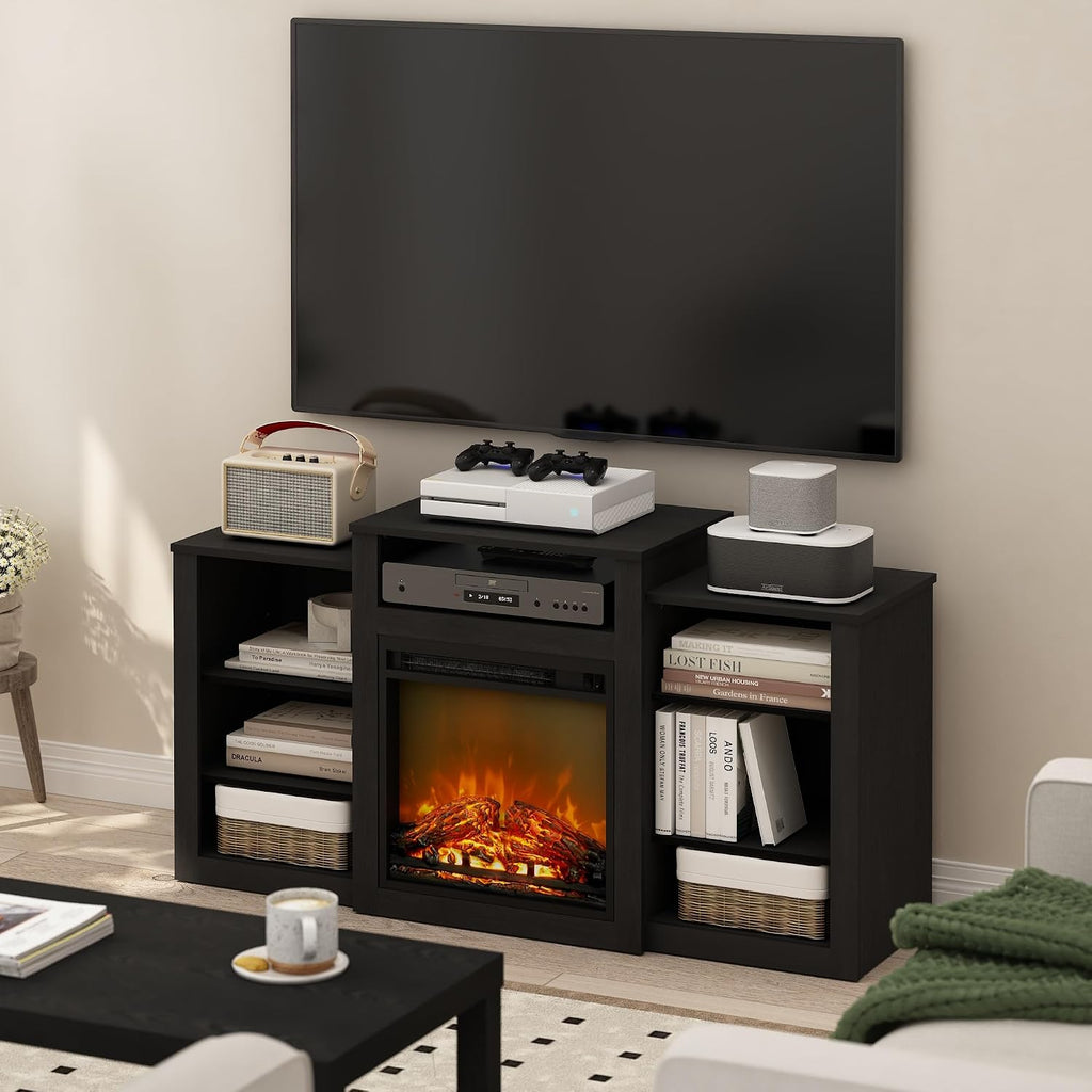Furinno Jensen Fireplace TV Stand, Entertainment Center, TV Console for TV up to 55 Inch with Electric Fireplace, for Living Room, Bedroom, Americano