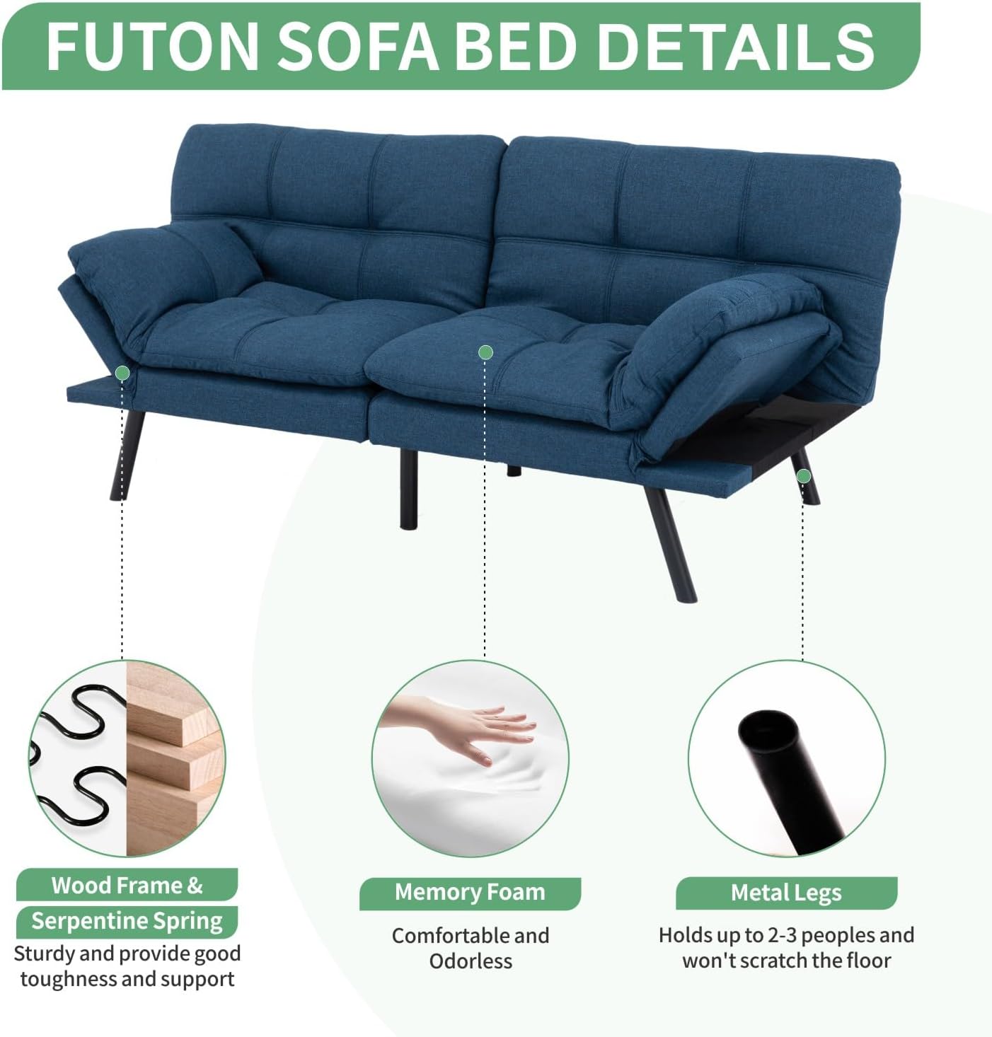 MUUEGM 71' Futon Sofa Bed, Convertible Couch Bed, Modern Loveseat with Adjustable Backrest&Armrest, Sofas for Living Room,Game Room,Dormitory,Office.Blue Fabric