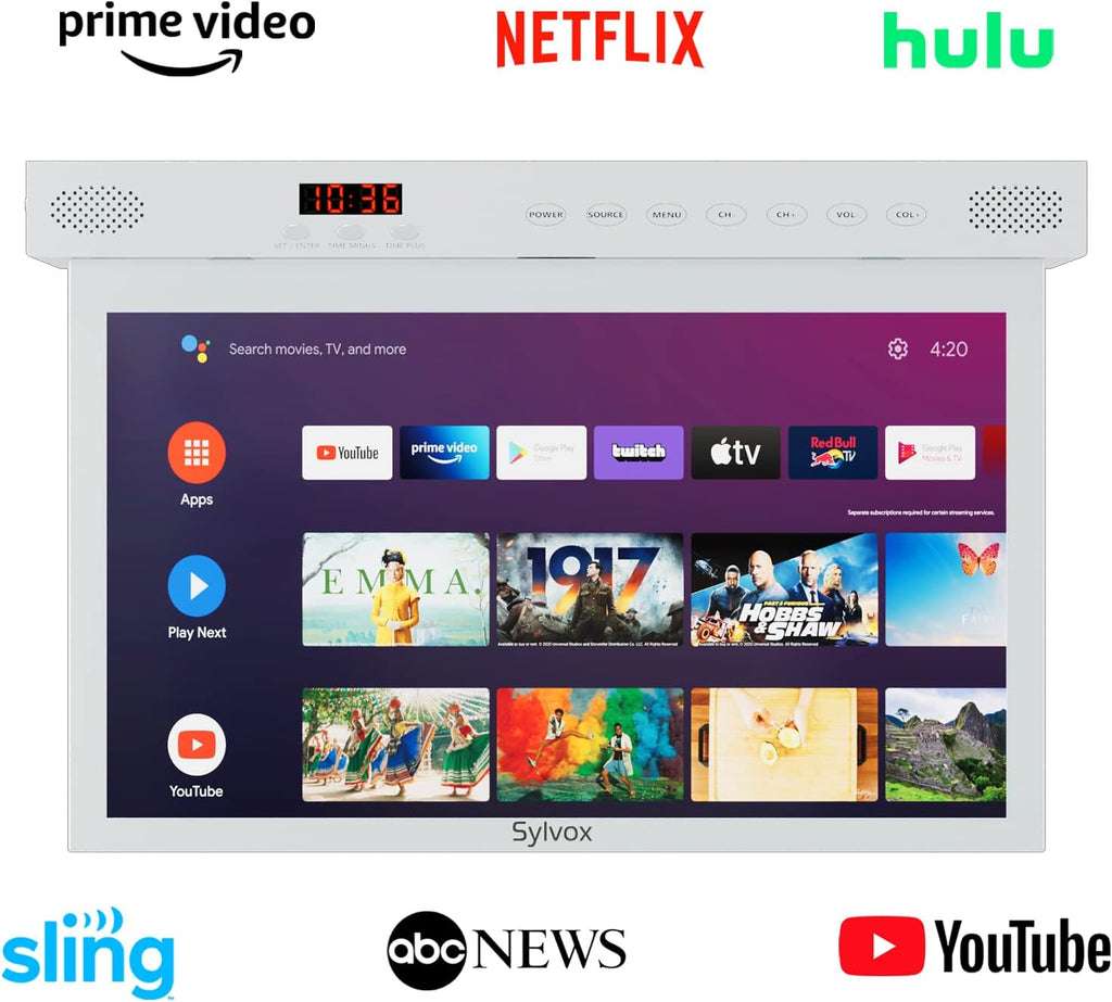 SYLVOX 15.6' Under Cabinet Smart TV – 360° Rotation, 90° Flip-Down Screen, Wireless Connectivity, Space-Saving Design for Kitchen, Bedroom, or RV. (Pure White)