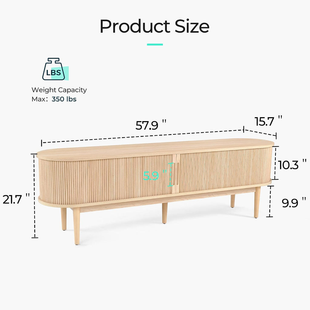 LINSY HOME 58' Fluted TV Stand for TVs up to 65 Inch, Mid Century Modern Entertainment Center with Storage Cabinet and Sliding Doors, Farmhouse Wood Media TV Console for Living Room, Bedroom, Oak