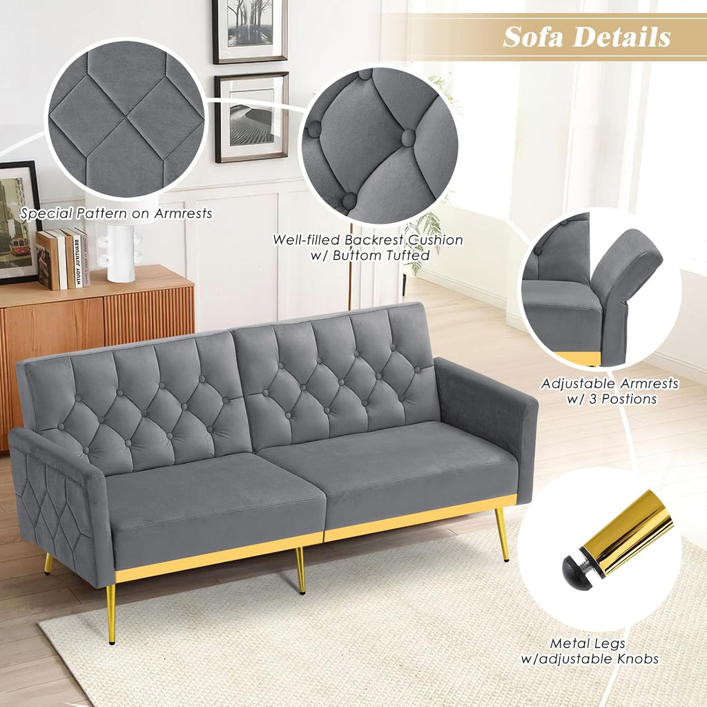 Velvet Sofa Bed w/Adjustable Armrests and Backrests, Modern Convertible Sleeper Sofa, Tufted Futon Sofa for Bedroom, Living Room, Apartment, Grey