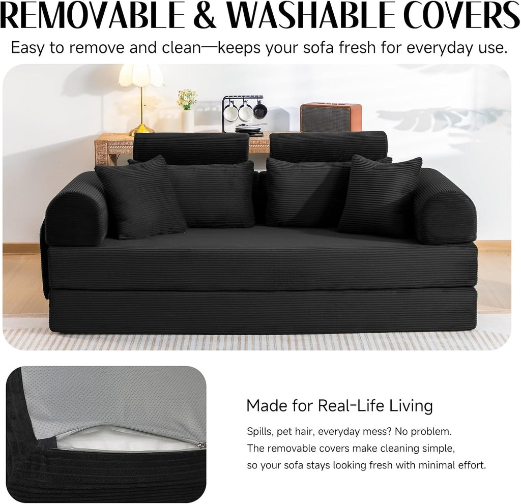 79' Corduroy Sofa Bed Sleeper Couch, 6-in-1 Convertible Boneless Floor Futon Loveseat, High-Density Foam Couch in a Box with 2 Headrest Pillows, No Assembly, Black