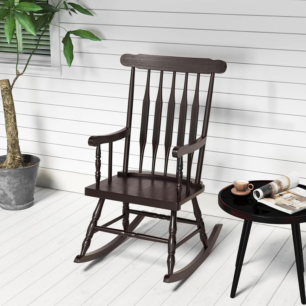 Tangkula Patio Rocking Chair Solid Rubber Wood, Outdoor Porch Rocker Chair with Rubber Wood Frame, Indoor Wooden Rocking Chair, Ideal for Garden, Backyard & Balcony (2, Espresso)