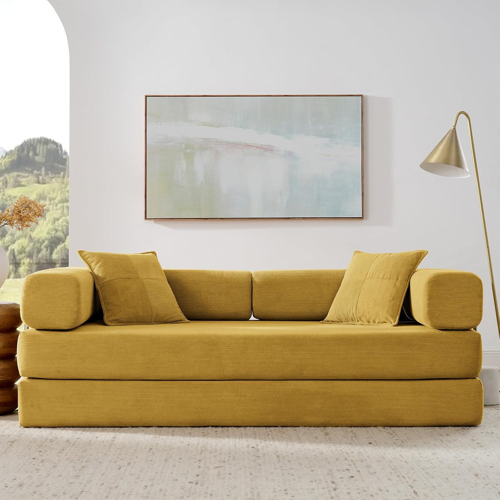 Antetek 78' Convertible Futon Sofa Bed, 3-Seater Modern Corduroy Foam Floor King Size Bed Foldable Sleeper Lounge Loveseat Sofa Couch with 2 Throw Pillows for Living Room Bedroom Guest Room, Yellow
