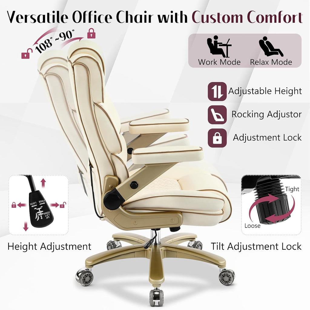 Big and Tall Office Chair 500lbs,5D Armrests Heavy Duty Executive Leather Chair with Comfortable Seat, Adjustable Lumbar, High Back, Large Computer Desk Chair for Home Office, Beige