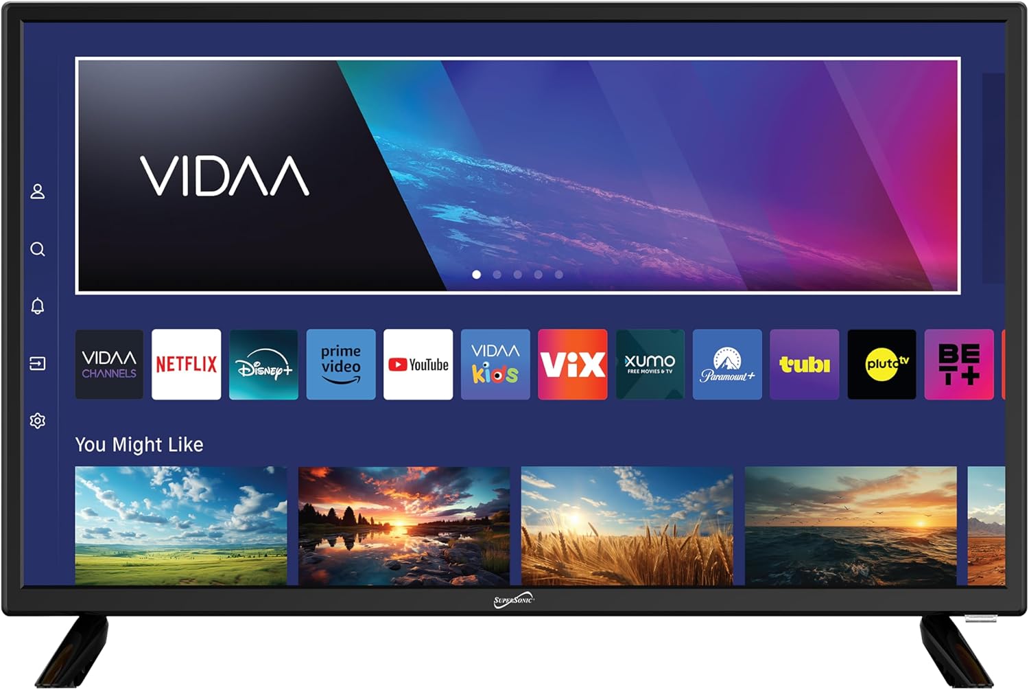Supersonic SC-2420VTV 24-inch Smart AC/DC LED TV, Powered by VIDAA, 1080p, WiFi, Built-in Speakers, USB, 3X HDMI ARC, for Kitchen, RV, Boat, Truck, Playroom, Dorm Room, Remote, DC Car Cord Included