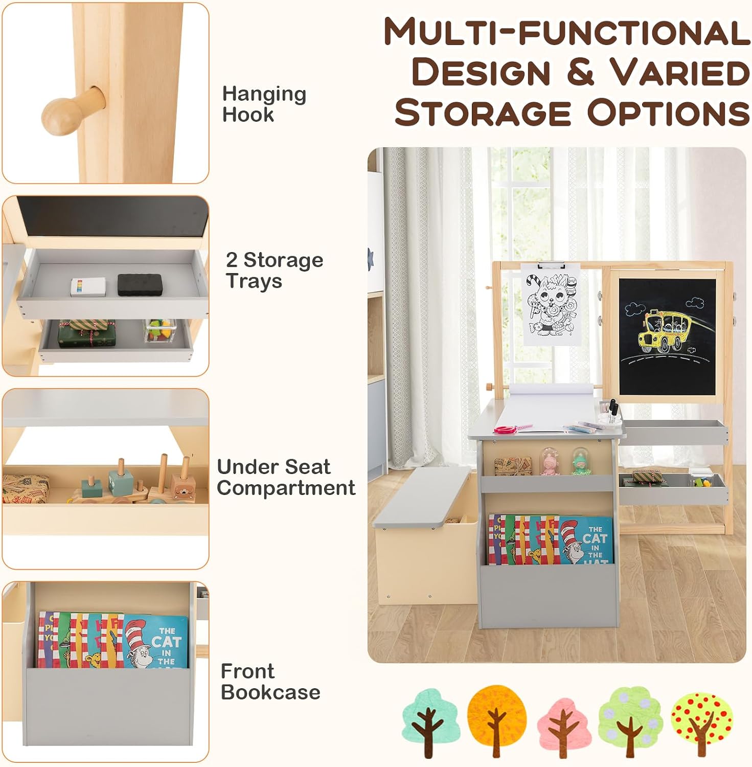 Costzon Easel for Kids, Wooden Art Center with Double-Sided Blackboard & Whiteboard, Paper Roll for Drawing, Crafts, Writing, Toddler Activity Table with Storage, Kids Table and Chair Set (Grey)