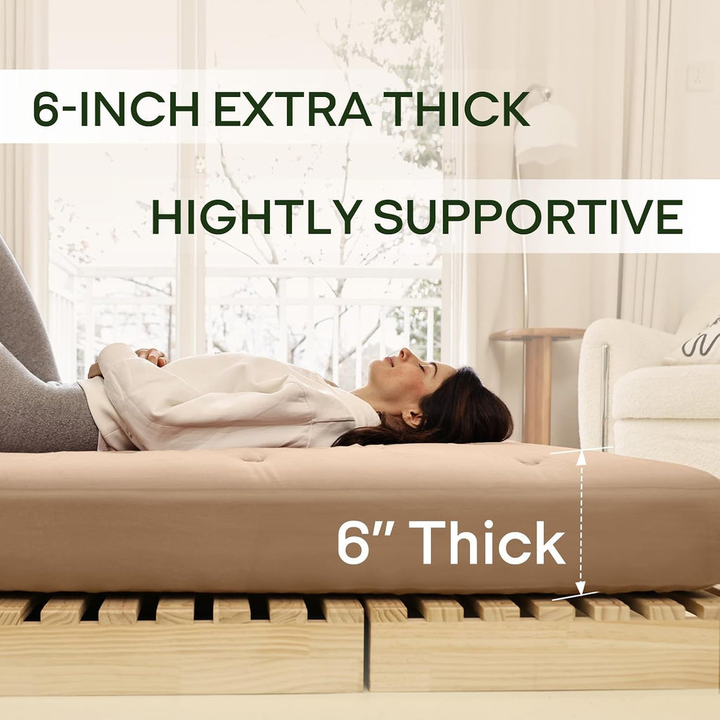 ZonLi Japanese Floor Futon Mattress Full Size 54'x 75',100% Cotton Cover 6'' Thicken Tatami Mattress,Foldable Sleeping Pad,Portable Dormitory Tatami Mat,Roll Up Floor Lounger Bed for Adult (Khaki)