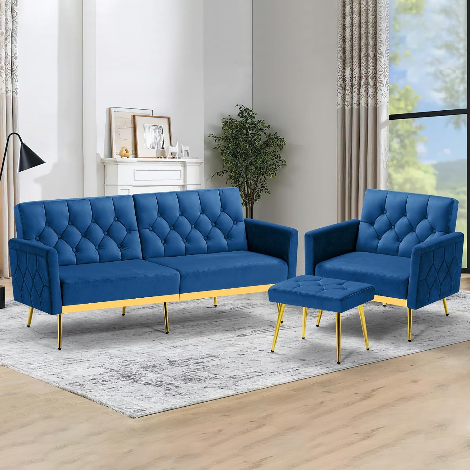 2 Pieces Velvet Sofa Set w/Adjustable Armrests and Backrests, Tufted Accent Chair w/Ottoman, Convertible Futon Sofa Bed for Bedroom, Living Room, Apartment, Blue