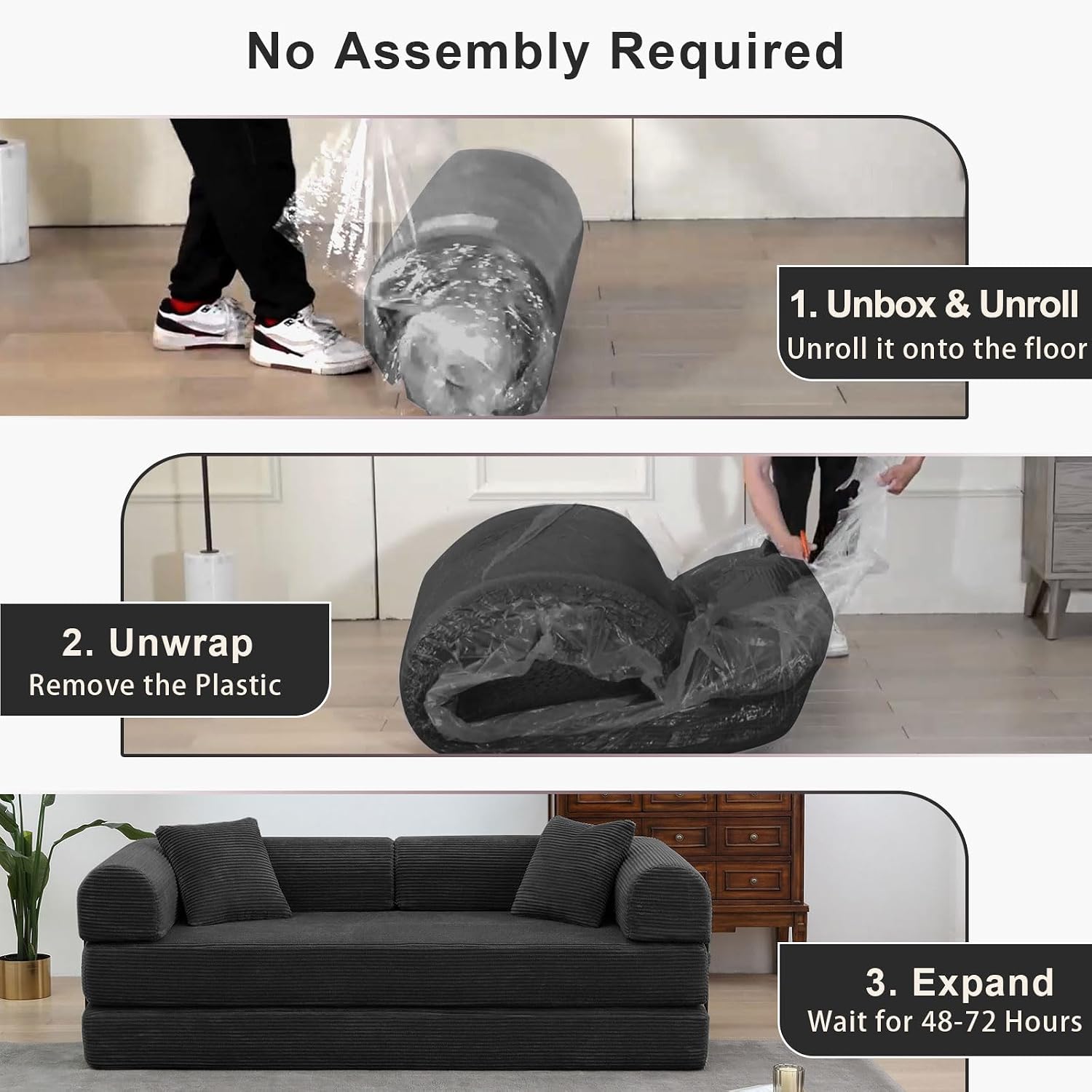 JJJ 78 inch Sofa Bed 4-in-1 Boneless Convertible Corduroy Sleeper Folding Couch with Fixed-Shape Frame and 2 Futons No Assemble Required 3 Seater Upholstered for Living Room (Black, 78 inch)