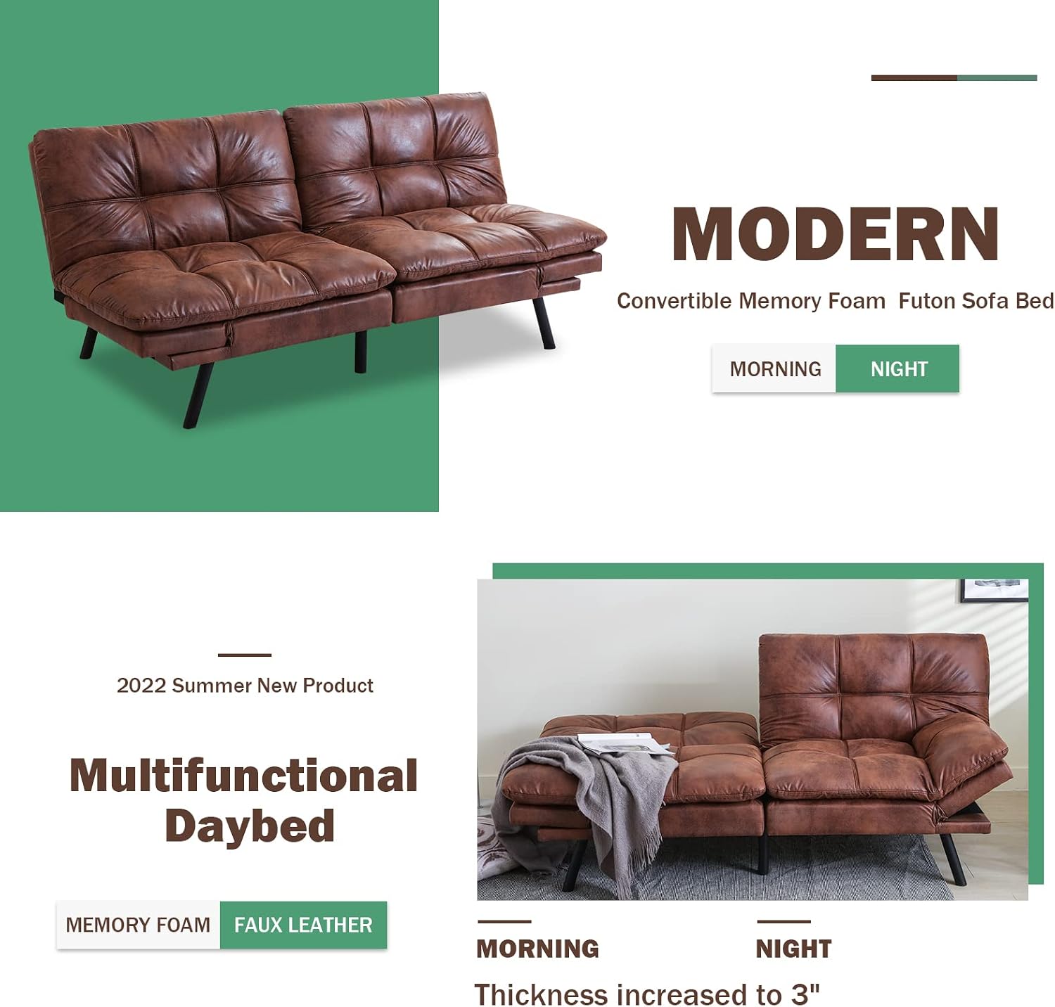 Opoiar Futon Sofa Bed,Lounge Memory Foam Sleeper Couch for Living Room,Convertible Loveseat for Compact Living Spaces,Studio Apartment,Dorm,Home Office,71'-Brown-Faux Leather-Thicker versio