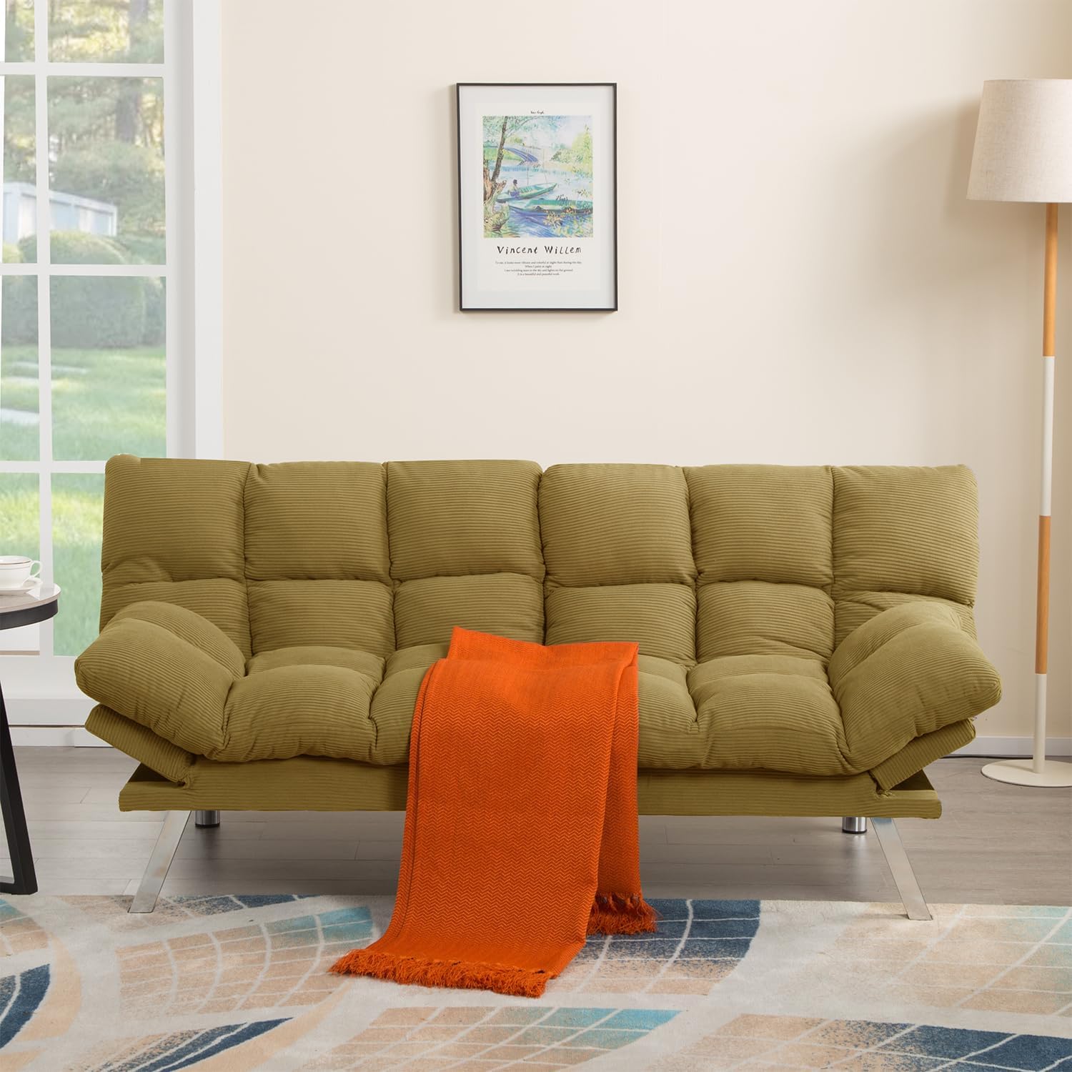 Modern Yellow Corduroy Convertible Folding Futon Couch Sofa Bed Adjustable Pillow Top Arm Memory Foam Couch Double Loveseat Sofas for Compact Living Space, Apartment, Bedroom (67.3' Yellow)