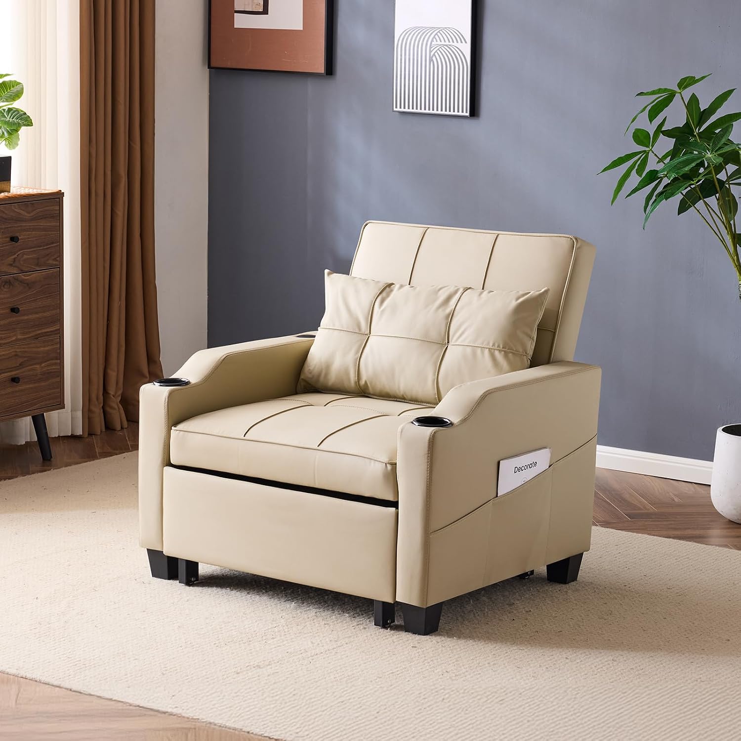 VINGLI Beige Sleeper Chair Bed 3-in-1 Convertible Futon Sofa Bed Pull Out Couch Bed Adjustable Recliner Chair with USB Ports Cup Holders Side Pockets for Living Room Bedroom Small Spaces