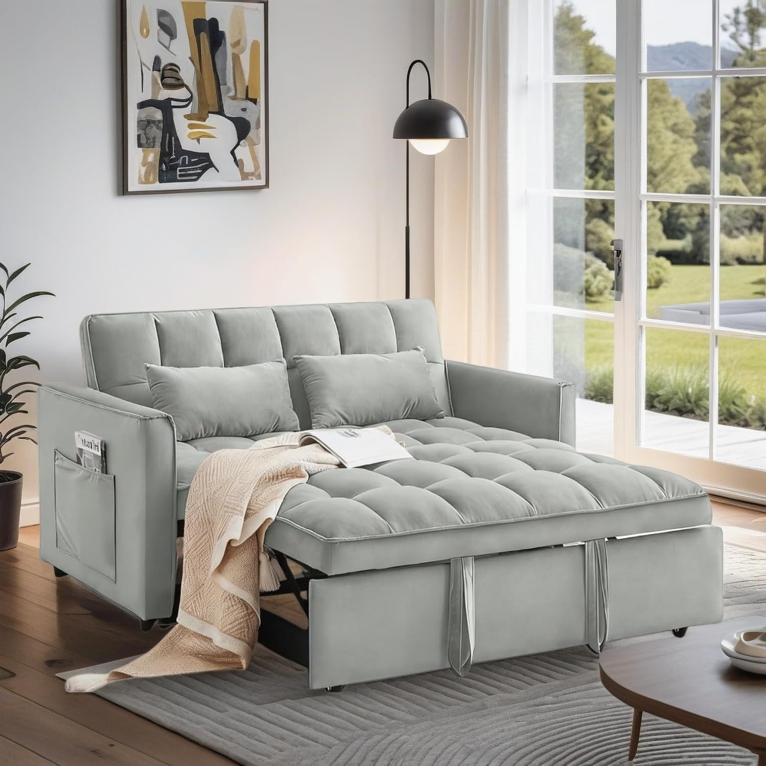 3 in 1 Convertible Sofa Bed, Love Seat Sleeper Bed with Side Pockets, Velvet Fabric Pull Out Couch with Adjustable Backrest for Living Room, Bedroom, Apartment, Gray