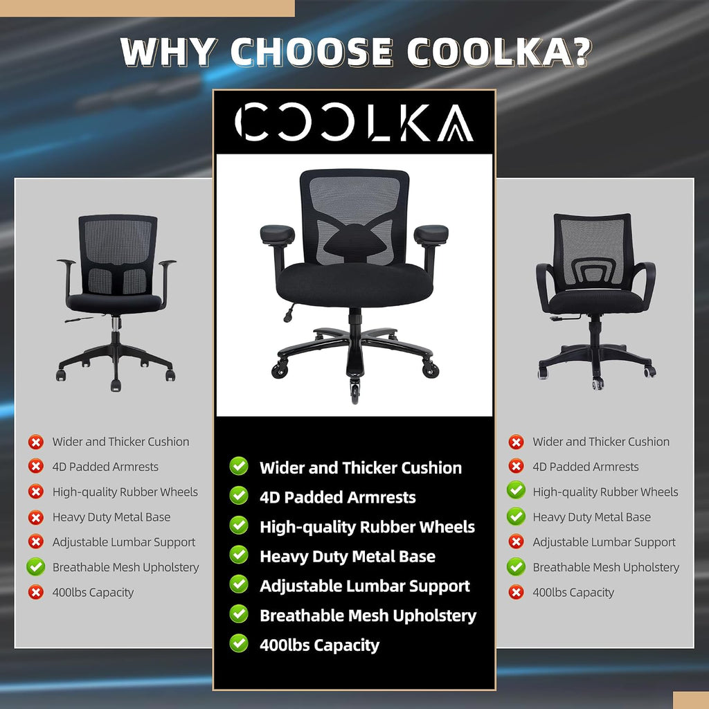 500LBS Big and Tall Office Chair with 4D Armrests & Adjustable Backrest, Heavy Duty Office Chair for Heavy People, Memory Foam Seat Filling Springs, Black