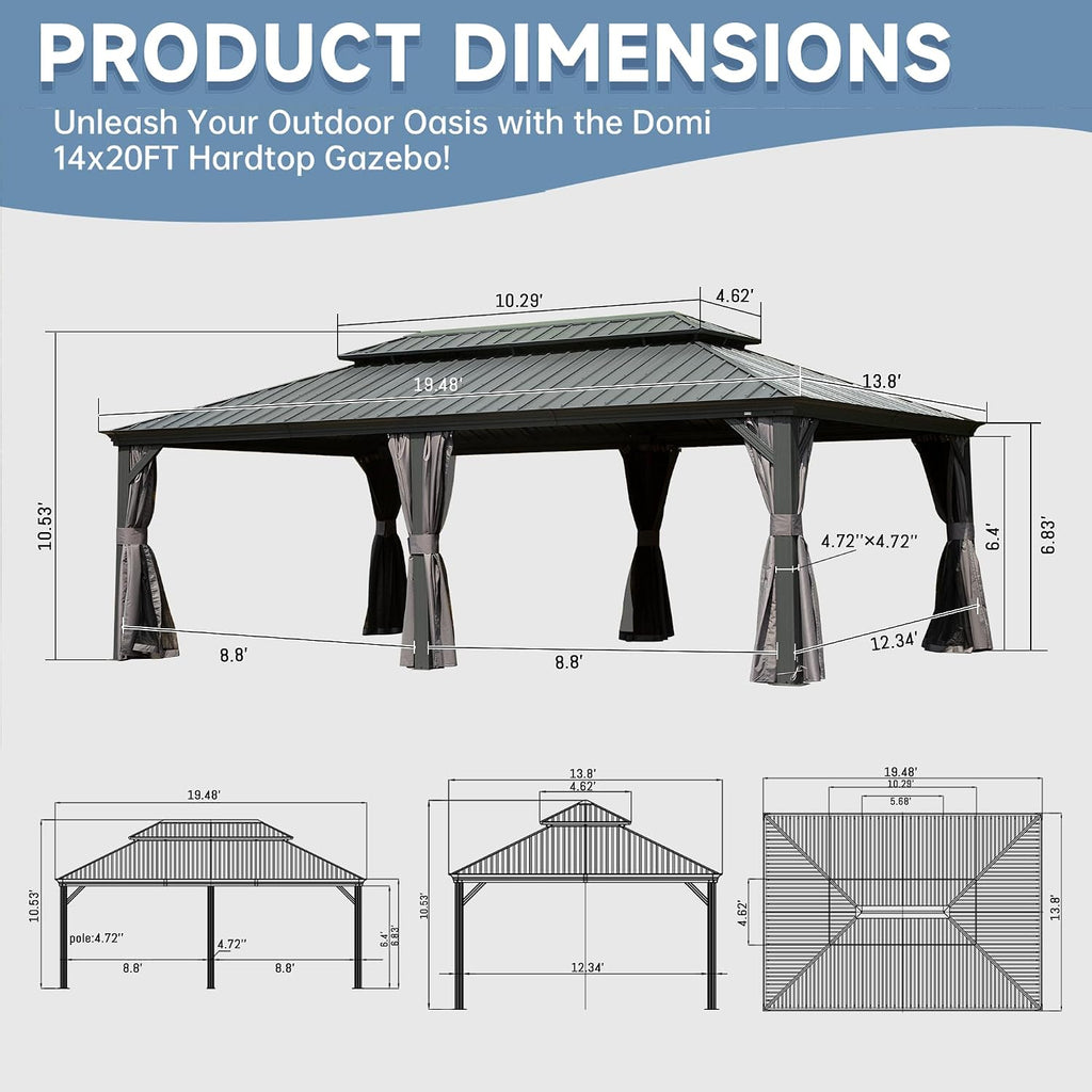 14x20 Hardtop Gazebo Outdoor: Galvanized Steel Double Roof Aluminum Frame - Removable Curtains Netting for Patio Deck Garden Backyard Gardening Enthusiasts