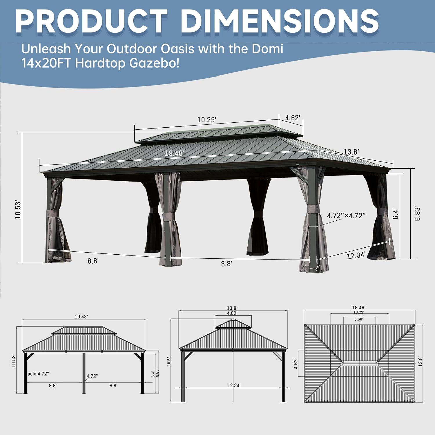 14x20 Hardtop Gazebo Outdoor: Galvanized Steel Double Roof Aluminum Frame - Removable Curtains Netting for Patio Deck Garden Backyard Gardening Enthusiasts