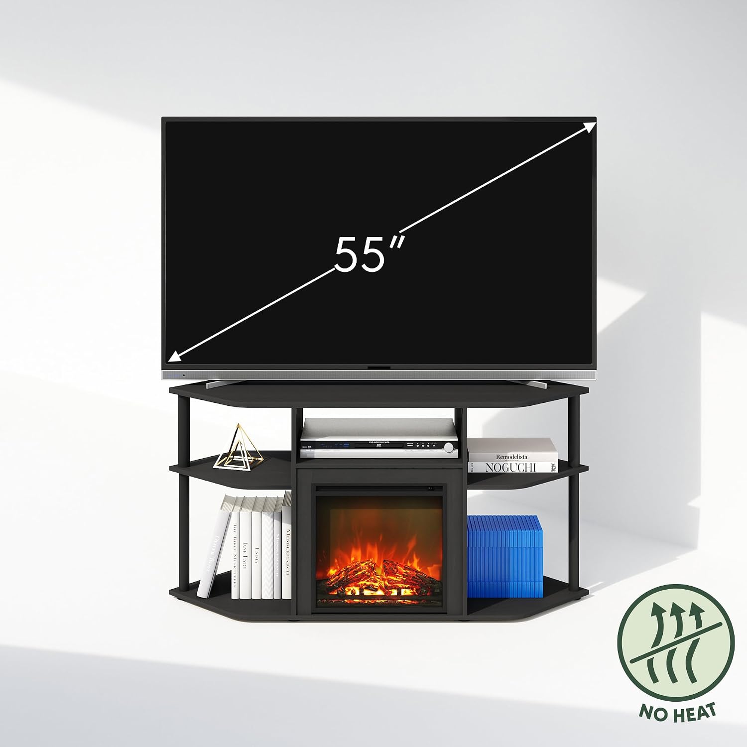 Furinno Jensen Fireplace TV Stand, NO Heat Decorative Electric Fireplace Corner TV Stand for TV up to 55 Inch, with Open Shelf, for Living Room, Americano/Black