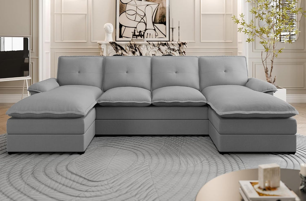 U Shaped Sectional Couch for Living Room,110' 4-Seater Comfy Couch with Double Chaise,Deep Seat Modular Sofa Couches with Thick Cushion & Soft Backrest,Light Grey