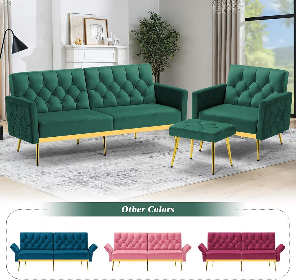 Velvet Futon Sofa Bed w/Adjustable Armrests & Backrests, Button Tufted Sleeper Couch, Modern Convertible Loveseat Sofa for Bedroom, Living Room, Apartment, Green