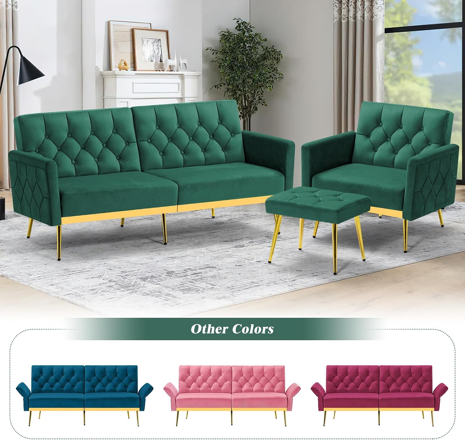 Velvet Futon Sofa Bed w/Adjustable Armrests & Backrests, Button Tufted Sleeper Couch, Modern Convertible Loveseat Sofa for Bedroom, Living Room, Apartment, Green
