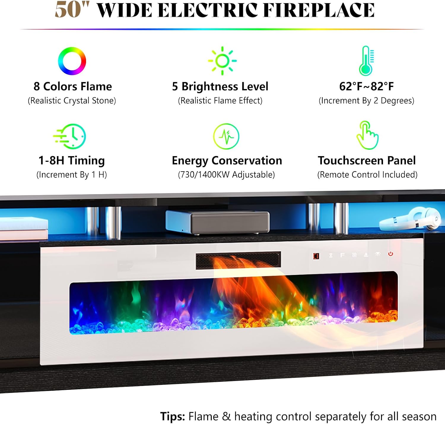 AMERLIFE 90' 2 Tier Fireplace TV Stand with 50' Fireplace, Modern Large Entertainment Center LED Lights, Media Console Table Storage Cabinet for TVs Up to 100', Living Room, Black & White