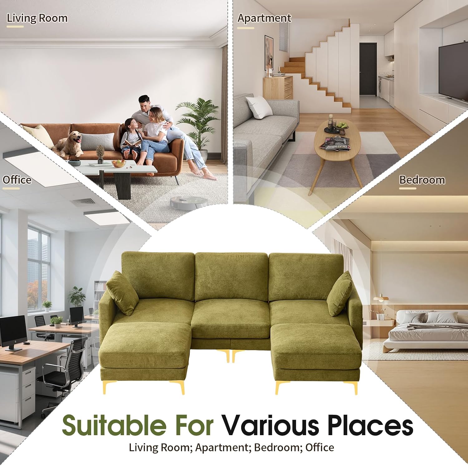 VINGLI 100' W U Shaped Couch with Ottoman, 22' Deep Seat Comfortable Sectional Couches for Living Room, 3 Seater Chenille Fabric Cloud Sofa for Apartment, Small Spaces, Bedroom, Green