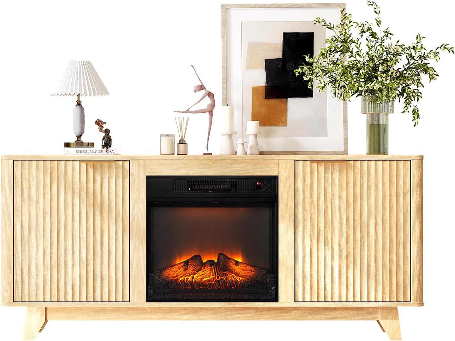 VINGLI Fireplace TV Stand for up to 70 inch TVs, Fluted Entertainment Center with Electric Fireplace Heater & Adjustable Shelves, Fireplace Media Console Table for Living Room, Oak