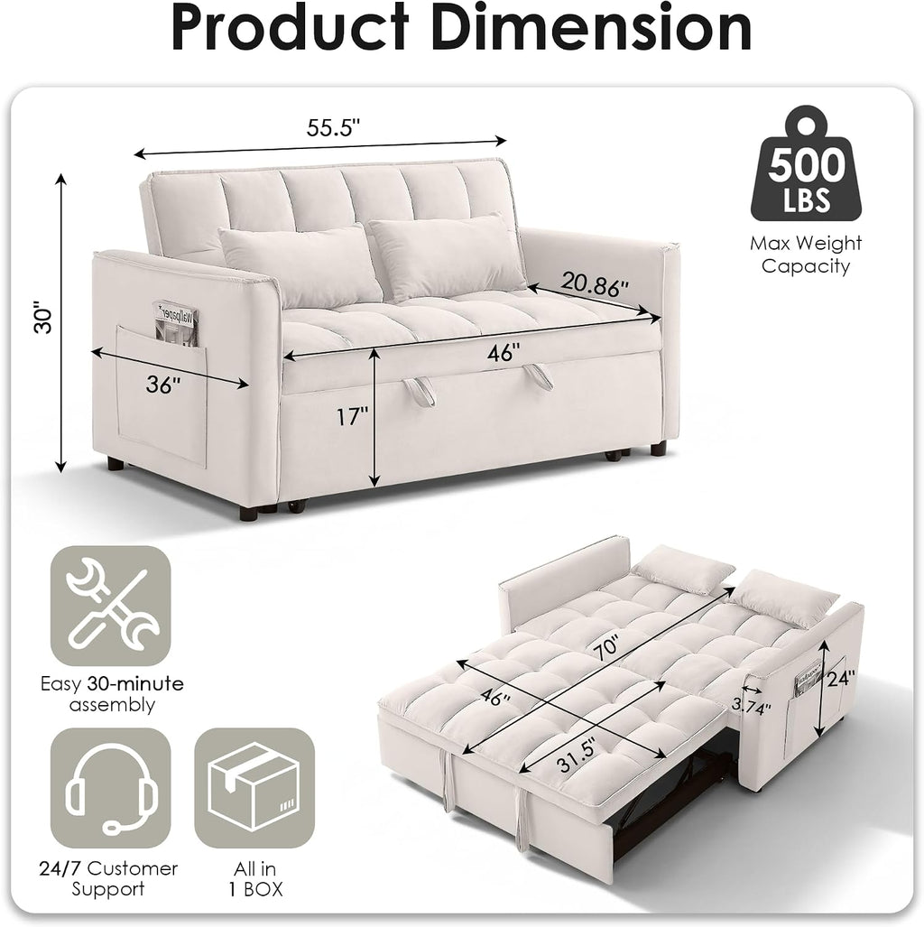 3 in 1 Convertible Sleeper Sofa Bed, 55' Pull Out Couches, Modern Loveseat Sleeper Sofa with Adjustable Reclining Backrest & Side Pockets for Living Room, Velvet Fabric, Beige