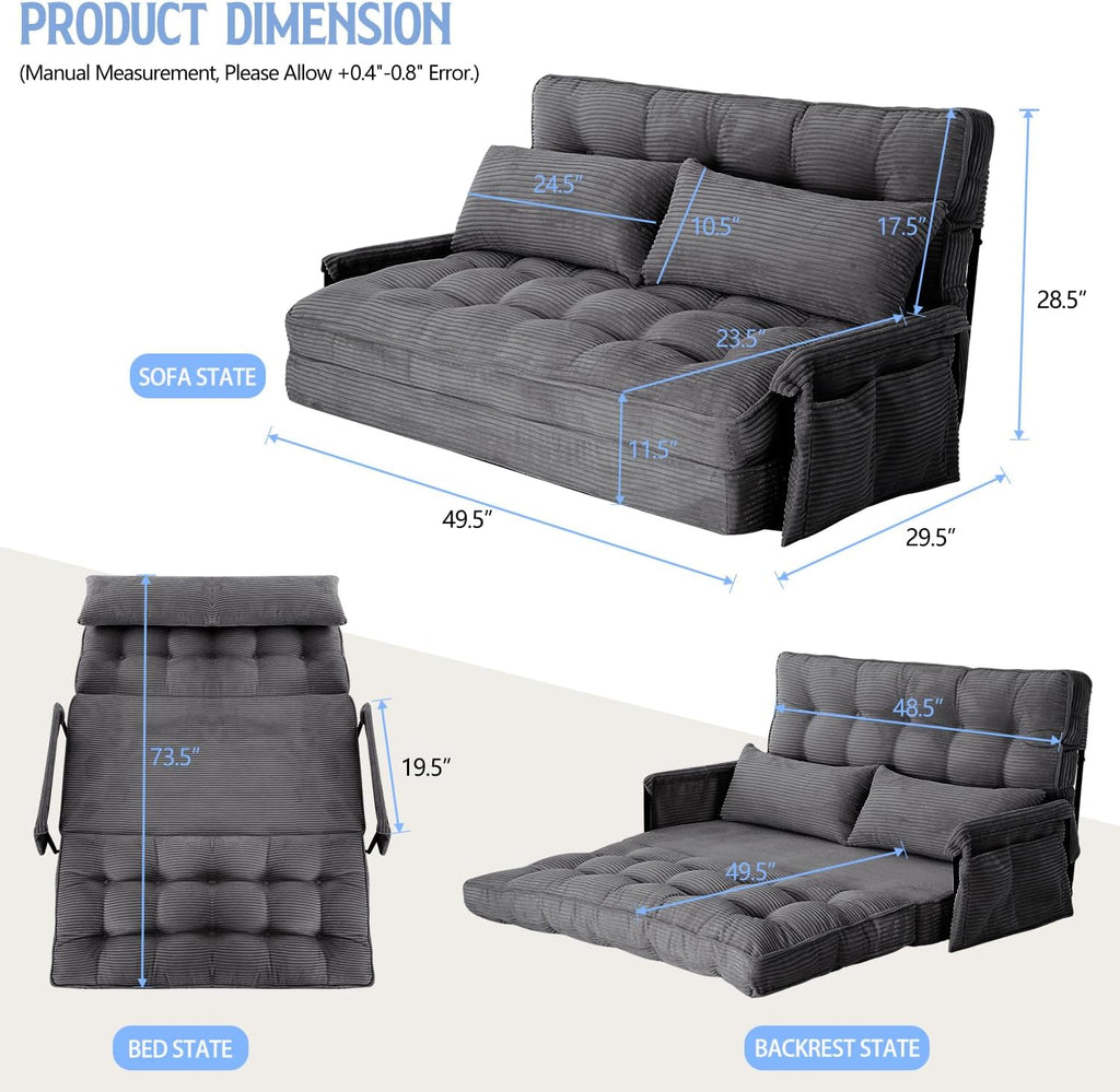 Convertible Futon Sofa Bed with Adjustable Backrest Pillows,Folding Loveseat Sleeper Sofa,Corduroy Pull Out Couches with Side Pocket for Living Room Bedroom Lounge,Grey